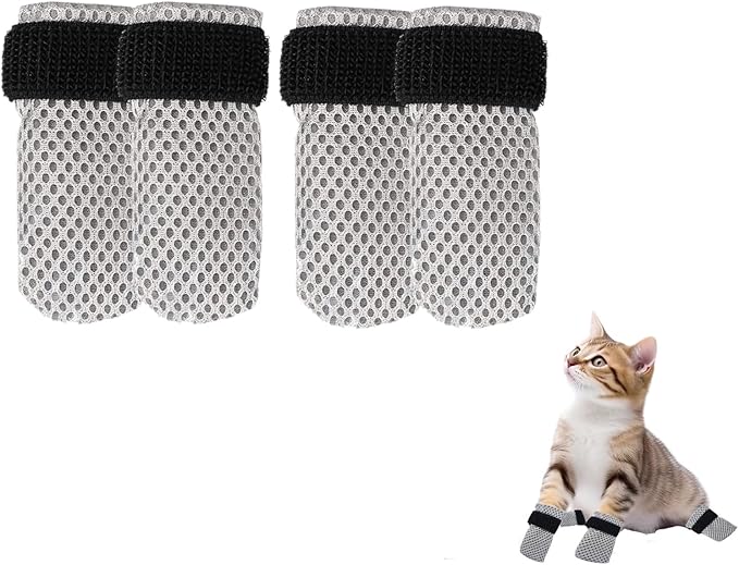 4 Pack Breathable Cat Shoes to Prevent Scratcning, Adjustable Only Cats Booties Mittens Socks (Grey, S)