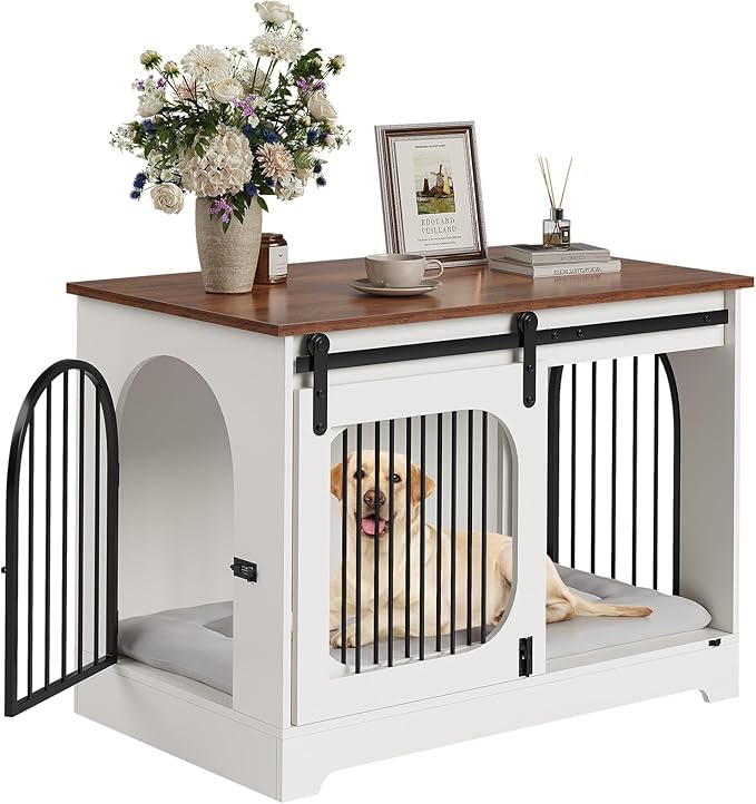 Dog Crate Furniture, 39.4" Dog Kennel for Dogs Up to 70 Lb, with Bed Mat, Heavy-Duty Dog Cage End Table, Three Doors Dog House, White/Brown