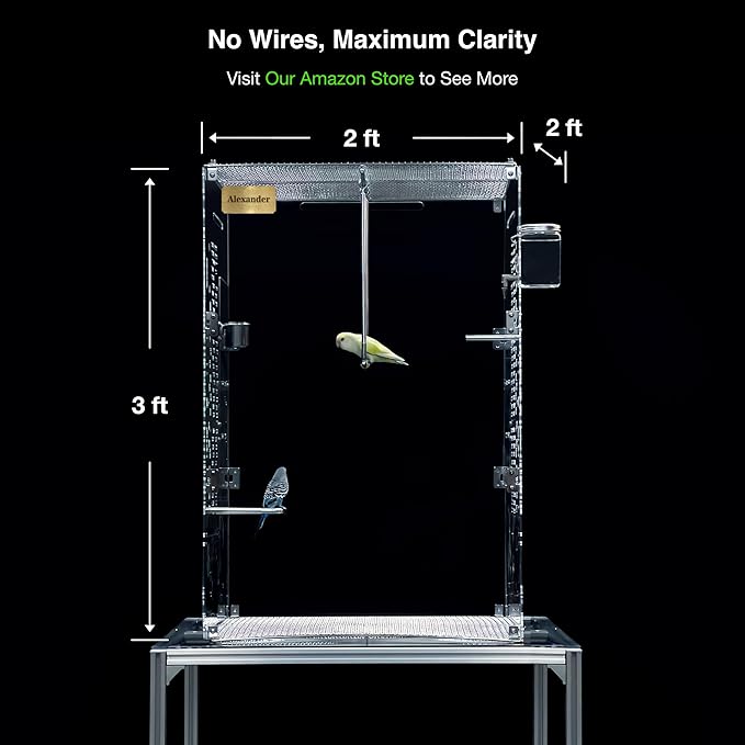 GuineaLoft Custom Acrylic Bird Cage (Model-ET2) - Crystal Clear, Small, Medium, Large Cages for Birds, Custom Made, Optional Personalized Name Plate, Background, Accessories, Visit GuineaLoft Store