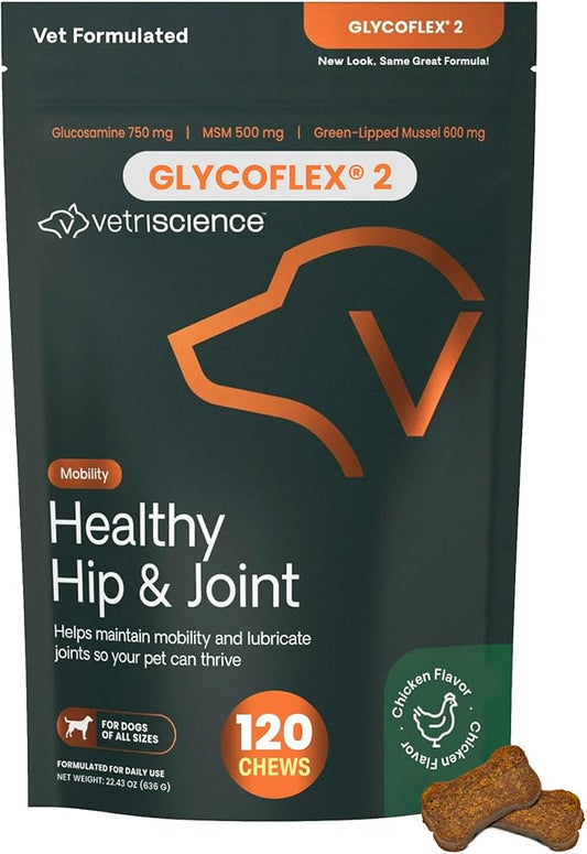 VetriScience Healthy Hip & Joint Chews, GlycoFlex Glucosamine and Green-Lipped Mussel Joint Support Supplement for Dogs, Promote Mobility and Protect Joints, Chicken, 120 Count
