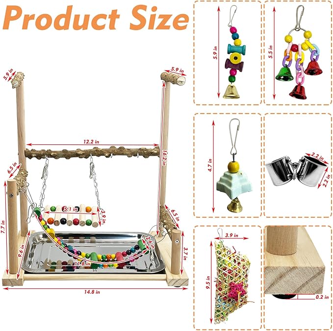 kathson Parrot Play Stand Parakeet Playground Bird Jungle Gym Wood Conure Playstand Hanging Chewing Toys with Feeder Cups and Swings Bird Cage Accessories for Cockatiel Lovebirds Budgie