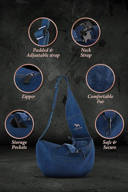 Noah & Paw Dog Sling Carrier for Small Dogs 5-18lb, Dog Sling for Small Dogs and Cats, Dog Carrier with Adjustable Padded Strap, Vegan Denim Lined with Fur, 3X Safety Features, Machine Washable