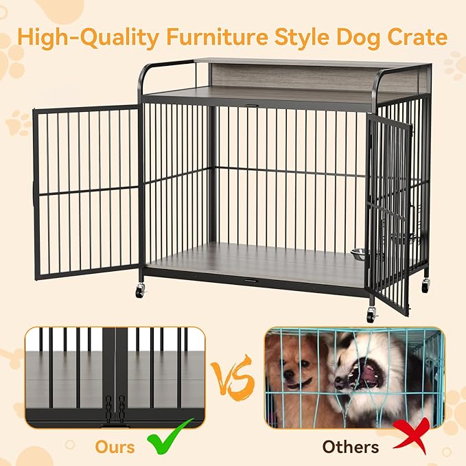 IDEALHOUSE Dog Crate Furniture, 39.8" L X 22.5" W X 38.6" H,Dog Crate Indoor with Adjustable Height Bowls, Wooden Heavy Duty, 39.8 Inch Dog Kennel Furniture for Medium Dogs,Grey