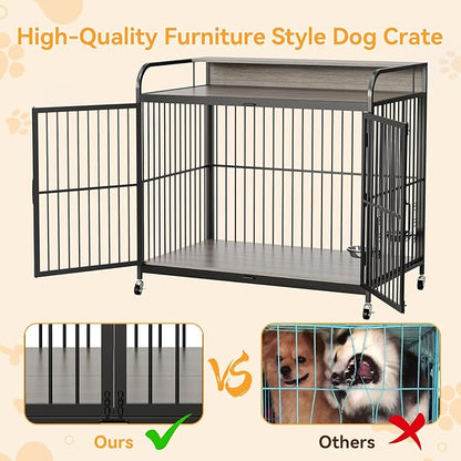 48" L X 30" W X 44.3" H Dog Crate Furniture, Dog Crate Indoor with Adjustable Height Bowls, Wooden Heavy Duty, 48 Inch Dog Kennel Furniture for Large Dogs,Grey