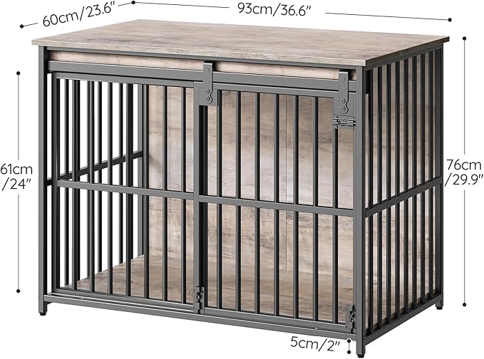 HOOBRO Dog Crate Furniture, 36.6" Heavy Duty Dog Kennel with Sliding Barn Door, Decorative Dog Crate Indoor, End Side Table for Small/Medium Dog, Greige and Black BG162GW03G1