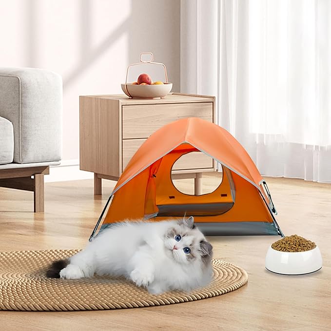 Outdoor Waterproof Pet Camping Tent, Cave Bed for Indoor Cats and Small Dogs, Portable Cat House Dog House, 29.5x29.5x18.9'', Orange, M.