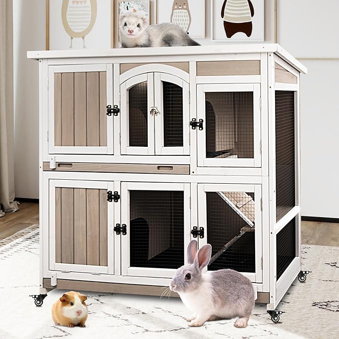 2 Story Large Rabbit Hutch Indoor with 2 Deeper Pull-Out Trays, Wooden Rabbit Cage with 4 Lockable Wheels, Ramp, Chew-Anti Metal Strip for Rabbit, Guinea Pig, Hamster(47" L x 18" W x 42" H)