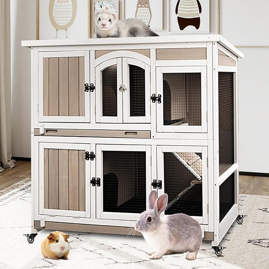 2 Story Large Rabbit Hutch Indoor with 2 Deeper Pull-Out Trays, Wooden Rabbit Cage with 4 Lockable Wheels, Ramp, Chew-Anti Metal Strip for Rabbit, Guinea Pig, Hamster(47" L x 18" W x 42" H)