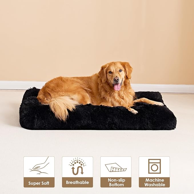 EHEYCIGA Fluffy Dog Crate Bed for Extra Large Dogs, Plush Faux Fur Dog Crate Pad, Calming Anti Anxiety XL Dog Bed for Crate, Washable Soft Warm Dog Crate Mat with Non-Slip Bottom, Black