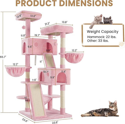 SHA CERLIN 65in Larger Cat Tree Tower Condo for Indoor Kitties/Multi-Level Furniture Activity Center with Wide Base/Cozy Plush Cat Perches/Baskets/Sisal Scratching Posts and Hammock/Pink