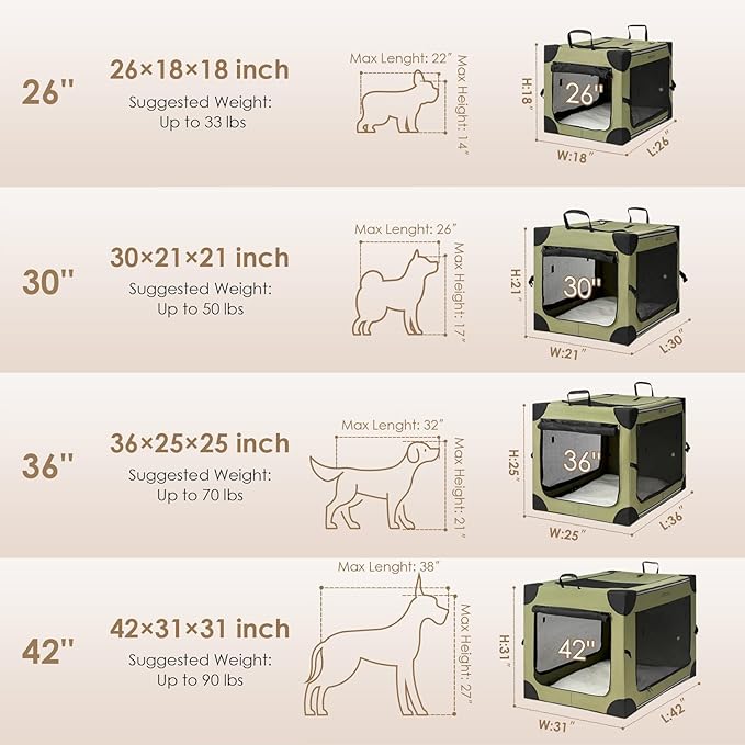 EHEYCIGA Collapsible Dog Crate 30 Inches, Portable Travel Crate for Medium Dogs, Soft Foldable Pet Kennel with 4-Door Mesh Windows Indoor & Outdoor, Green