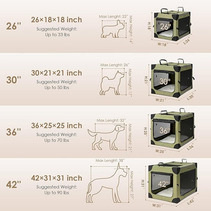 EHEYCIGA Collapsible Dog Crate 36 Inches, Portable Travel Crate for Large Dogs, Soft Foldable Pet Kennel with 4-Door Mesh Windows Indoor & Outdoor, Green