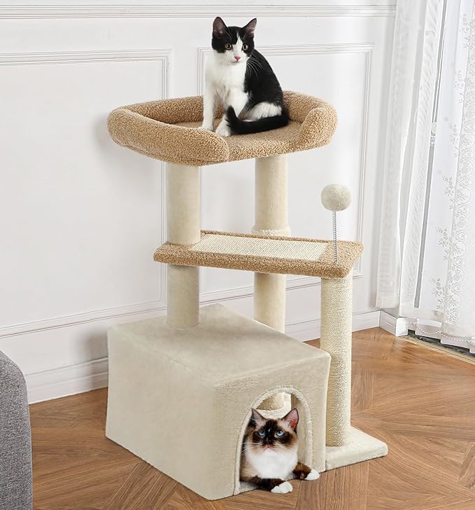 Made4Pets Cat Tree, Carpet Cat Tower Grey for Indoors Cats, Cute Wood Kitty Condo with Scratching Post and Pad, 29" Multi-Level Modern Activity Climbing Furniture for Small and Medium Cats