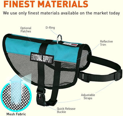 Dogline 30"-38" MaxAire Mesh Vest for Dogs and 2 Removable Emotional Support Patches, X-Large, Turquoise