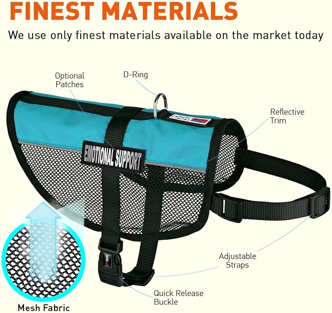 Dogline 13"-16" MaxAire Mesh Vest for Dogs and 2 Removable Emotional Support Patches, Small, Turquoise