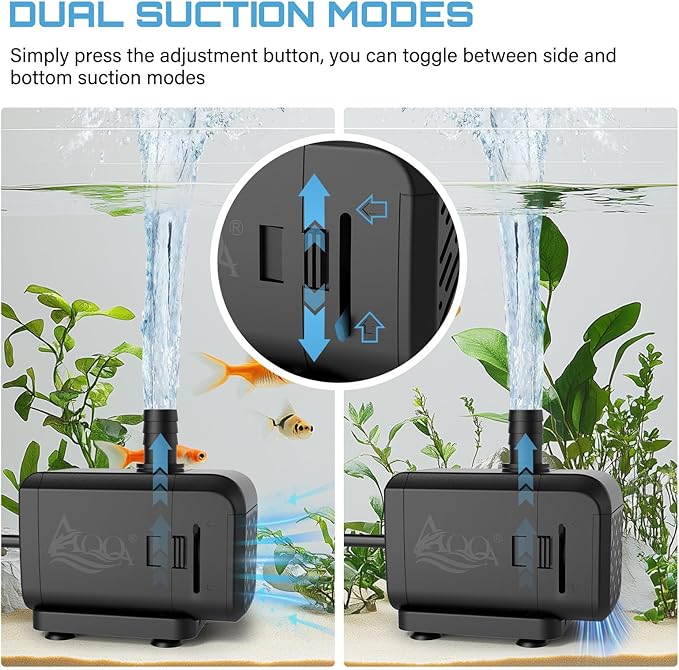 AQQA Submersible Aquarium Water Pump, Fountain Pump with Adjustable Flow,Dual-Suction Side/Bottom Intake,Ultra-Quiet Thermal Protection for Freshwater Saltwater Fish Tanks Pond Statuary Hydroponics15W