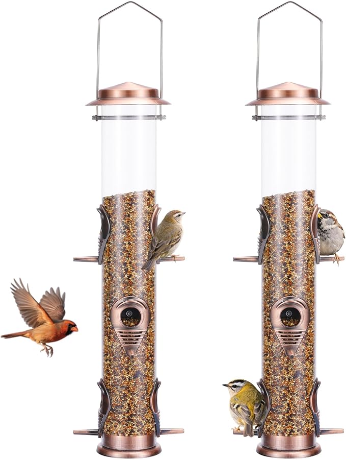MIXXIDEA 2PK Metal Bird Feeders with 6 Feeding Ports,Tube Bird Feeder with Steel Hanger,Wild Bird Feeder for Outdoors Hanging, Attracting Birds in Your Lawn, Garden, Balcony (Antique Copper)