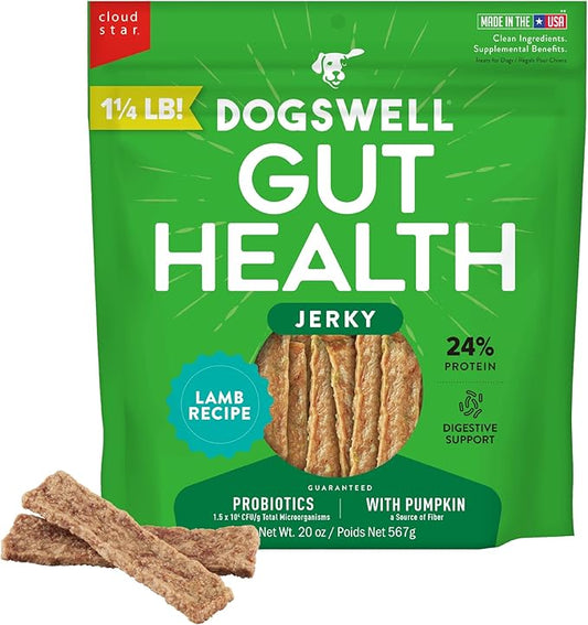 DOGSWELL Gut Health Meaty Jerky Dog Treats, Lamb, 20 oz. Pouch
