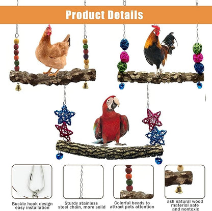 Chicken Bird Swing,Chicken Perch,Natural Wooden Swing Toys,Wood Stand for Chick,Safe and Relief of Stress,Chicken Coop Accessories,Coop Swing for Chicken Bird,Parrot,Hens (3PCS)