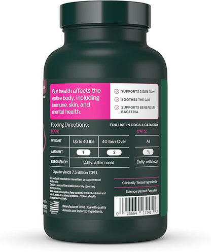 VetriScience Extra Strength Gut Health Easy-Open Capsules, Mega Probiotic and Prebiotic Digestive Supplement for Dogs and Cats, for Diarrhea and Immune Support, 7.5 Billion CFU Per Capsule, 120 Count