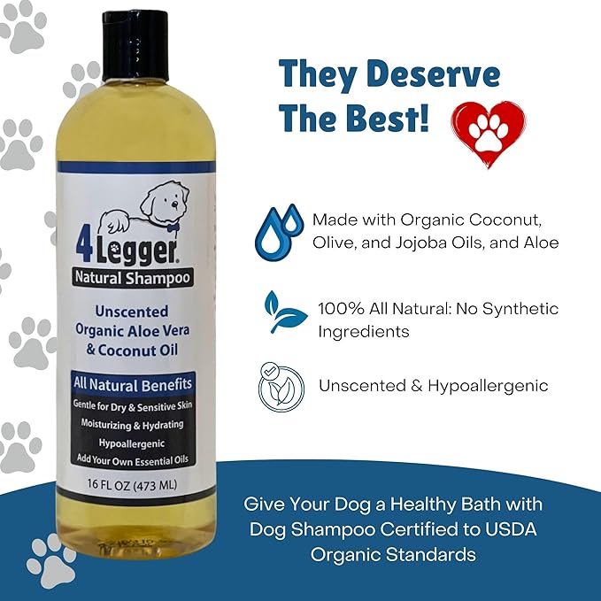 Organic Natural Dog Shampoo, Hypoallergenic Dog Shampoo, Puppy Safe Coconut Shampoo, Sensitive Skin, Fragrance Free with Aloe for Soothing Relief of Dry, Itchy, Sensitive Allergy Skin 16 oz