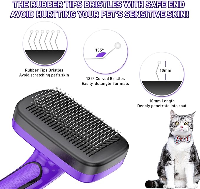 Dog Brush for Shedding, Self-Cleaning Slicker, 4 PCS Kit with Bath Brush, Flea & Steel Combs, Ideal for Short & Long Haired Pets, Removes Mats, Tangles, Fur, Gentle on Skin. Purple