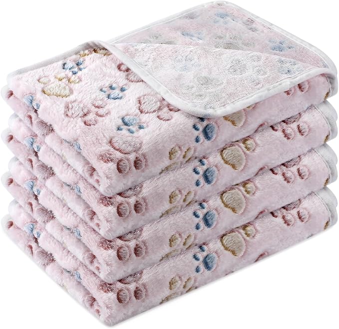 Tatuo 4 Pcs Dog Blanket Pet Puppy Blanket Puppy Teething Toys Paw Print Fleece Blanket for Pet Cat Soft Warm Sleep Mat Guinea Pig Cage Blanket(Small(24 x 16 Inch),Beige)
