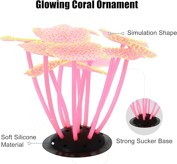 VOCOSTE Soft Silicone Glowing Aquarium Mushroom Coral, Fluorescence Aquatic Artificial Coral for Fish Tank Decoration, Pink