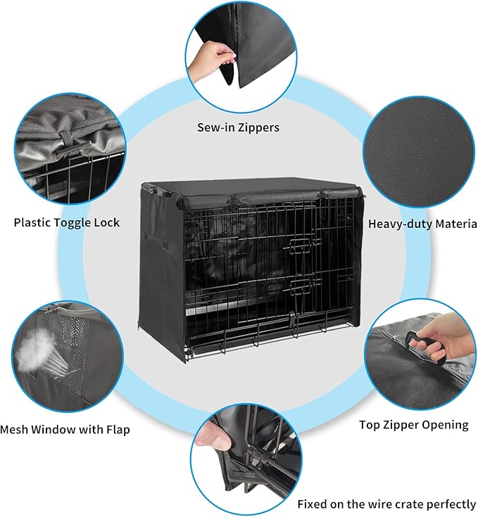 42 Inch Dog Crate Cover Dog Kennel Cover, Large XL Dog Crate for Large Dogs Wire Dog Cage with1 2 3 Doors, Waterproof 600D Oxford Fabric Indoor/Outdoor Black