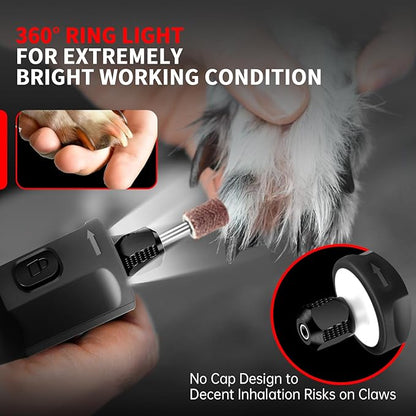 Dog Nail Grinder - Electric Pet Nail Grinder, Upgraded 5 Speed LED Lights Ring Rechargeable Cordless Dog Nail Trimmers Kit, 40 Accessories Pet Nail Grinder for Dogs Cats and Small Medium Animals Black