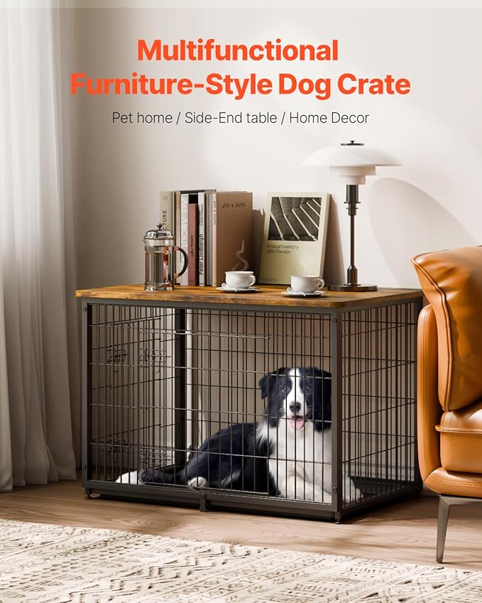 VEVOR 38" Dog Crate Furniture With Double Doors, 2-in-1 Decorative Wooden Kennel End Table, Removable Tray, Holds up to 70 lbs for Small, Medium Dogs - Brown