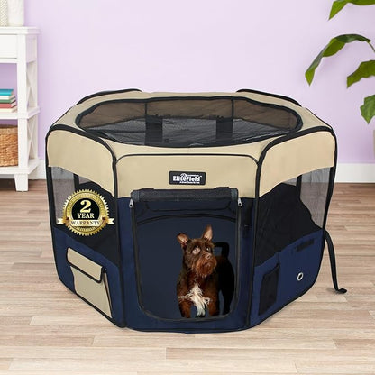 EliteField 2-Door Soft Pet Playpen (2 Year Warranty), Exercise Pen, Multiple Sizes and Colors Available for Dogs, Cats and Other Pets (48" x 48" x 32"H, Beige+Navy Blue)