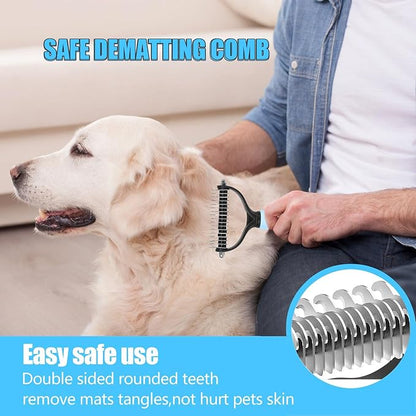 5-in-1 Grooming Kit - Supplies for Short and Long Hair Dogs, Bath Brush, Dematting Rake and Comb (Set of 5, Blue)