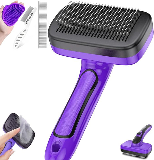 Dog Brush for Shedding, Self-Cleaning Slicker, 4 PCS Kit with Bath Brush, Flea & Steel Combs, Ideal for Short & Long Haired Pets, Removes Mats, Tangles, Fur, Gentle on Skin. Purple