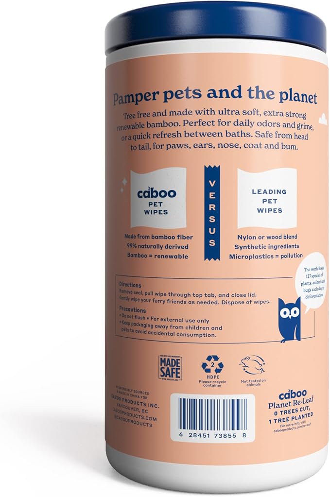 Caboo Tree Free Pet Wipes for Dogs & Cats, Natural, Deodorizing, Hypoallergenic Cleaning Wipes for Eyes, Ears, Paws, & Face (Unscented, 2 Canisters, Total of 140 Jumbo Wipe)