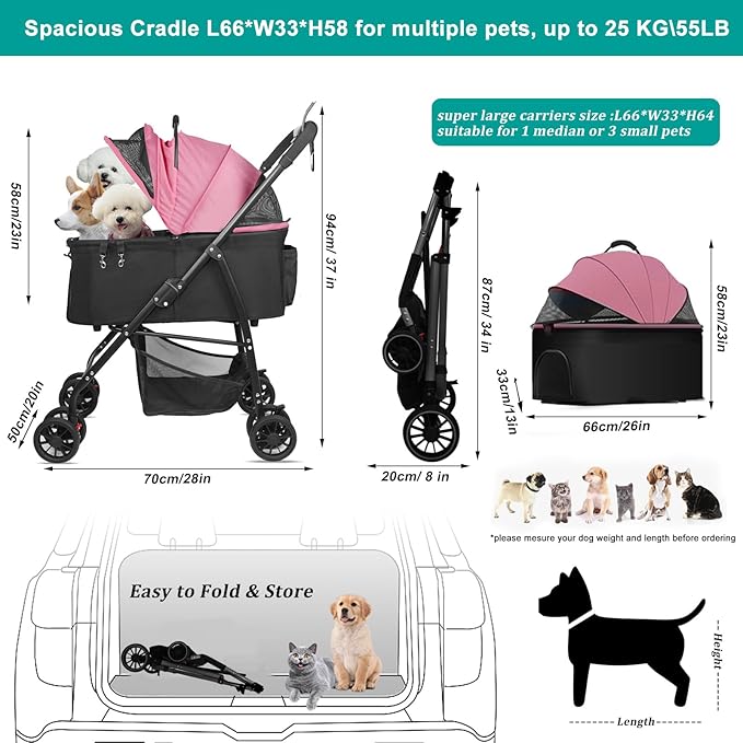 MILA&LOUIS Dog Stroller for Medium Dogs, Lightweigh Pet Stroller for Small Dogs, 4 Upgraded Wheels, Dog Strollers with Cup Holder, Hook, Puppy Stroller with Detachble Spacious Cradle for Multiple Pets