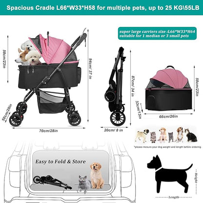 MILA&LOUIS Dog Stroller for Medium Dogs, Lightweigh Pet Stroller for Small Dogs, 4 Upgraded Wheels, Dog Strollers with Cup Holder, Hook, Puppy Stroller with Detachble Spacious Cradle for Multiple Pets