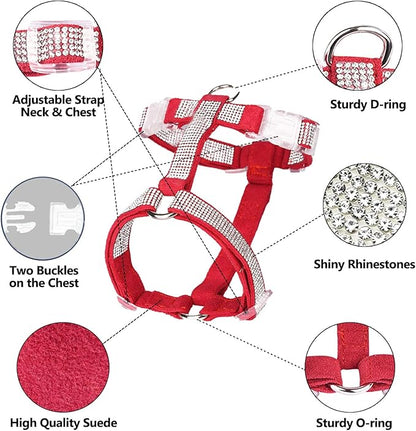 Dog Reflective Rhinestone Harness, No Pull Adjustable D-Ring Harness Walking Harness for Small Meduim Large Dog(Red,XS)