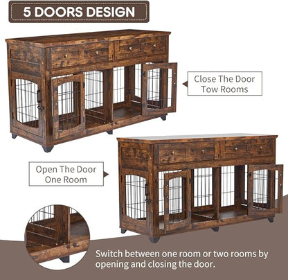 2 Rooms Dog Crate Furniture with Openable Partition,58" Wooden Dog Crate Table with 2 Drawers,5-Doors Dog Furniture,Indoor Dog Kennel,Dog House,Dog Cage,TV Stand (Brown)