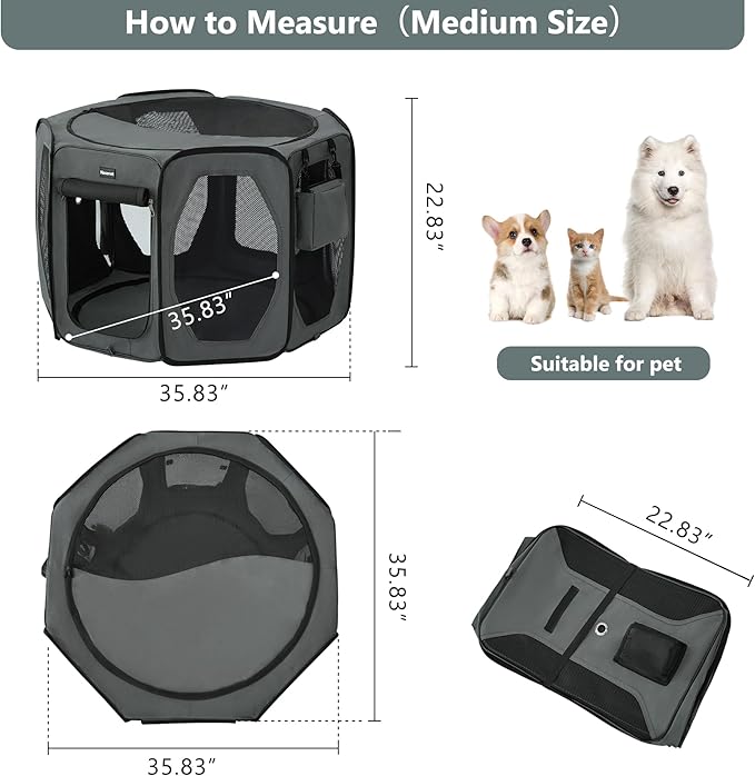 Dog Playpen, Cat Dog Crate Portable Pet Exercise Cage Kennel House Puppy Playpen Animal Playpen Indoor/Outdoor, Water-Resistant Kennel Tent with Traveling Bag (Grey, Medium)