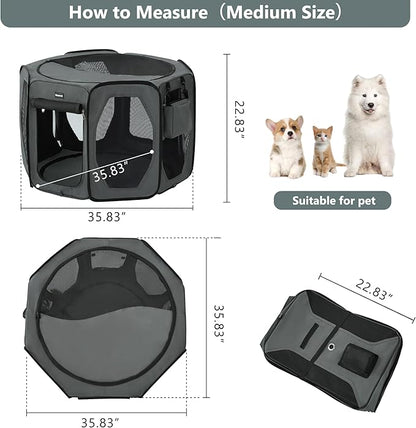 Dog Playpen, Cat Dog Crate Portable Pet Exercise Cage Kennel House Puppy Playpen Animal Playpen Indoor/Outdoor, Water-Resistant Kennel Tent with Traveling Bag (Grey, Medium)