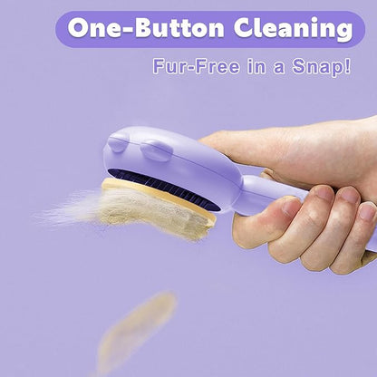 Paw Cat Brush with Release Button, Self Cleaning Cat Brush for Shedding, Cat Hair Brush for Grooming Long and Short Haired Cats Dogs (Purple)