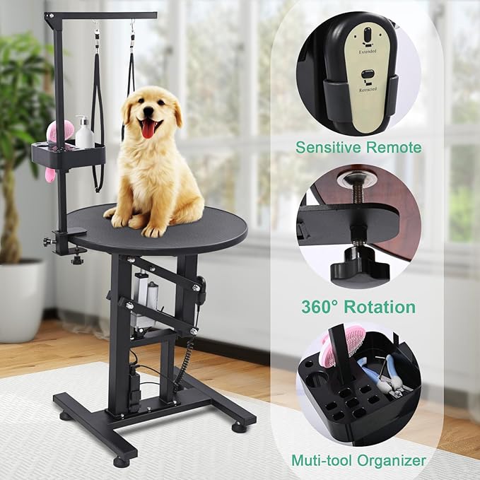 24" Electric Dog Grooming Table, Fast Lift Heavy Duty 360° Rotating Pet Grooming Desk for Small Dogs with Anti Skid Tabletop, Remote, Grooming Set, Tool Organizer, Black