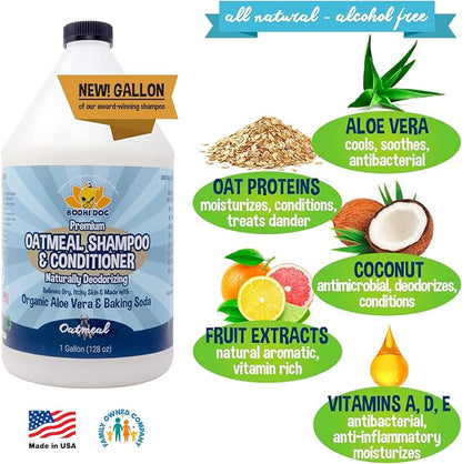 Bodhi Dog Oatmeal Shampoo & Conditioner - Hypoallergenic Formula - Naturally Deodorize Dogs, Cats & Pets - Made w/Organic Ingredients - Moisturizes Dry & Itchy Skin - Made in USA (Oatmeal, 1 Gallon)