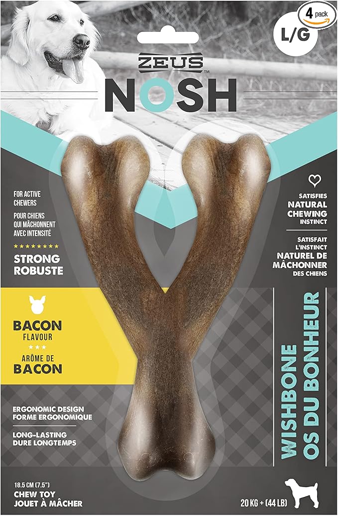 ZEUS Nosh Strong Dog Chew Bones, Dog Chew Toys for Aggressive Chewers, Long Lasting Bacon Flavor, Large Wishbone, Brown (96445)