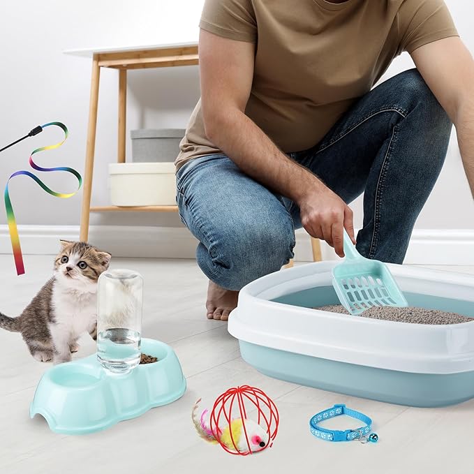 7 Pcs Small Cat Kitten Starter Kit Cat Litter Box with Shovel Paw Litter Mat Double Automatic Kitten Bowls Toy Teaser Stick Collar Essentials Kits for 1-3 Lbs Beginner(Stylish,Fresh Blue)