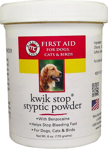 Miracle Care Kwik Stop Styptic Powder For Dogs, Cats, and Birds, Fast-Acting Blood Stop Powder For Pets, Quick Stop Bleeding Powder For Dog Nail Clipping, Minor Cuts, Grooming, 6.0 oz.