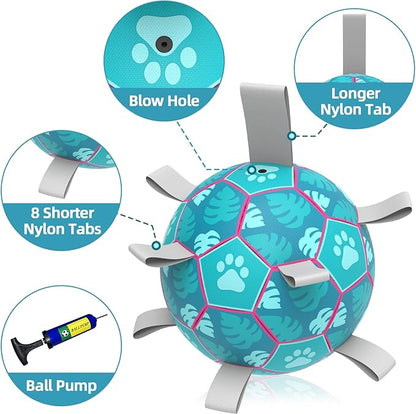 QDAN Dog Toys Soccer Ball, Interactive Dog Toys for Tug of War, Puppy Birthday Gifts,Dog Tug Toy, Dog Water Toy, Durable Dog Balls for Small & Medium Dogs-Lake Blue(8 inch)