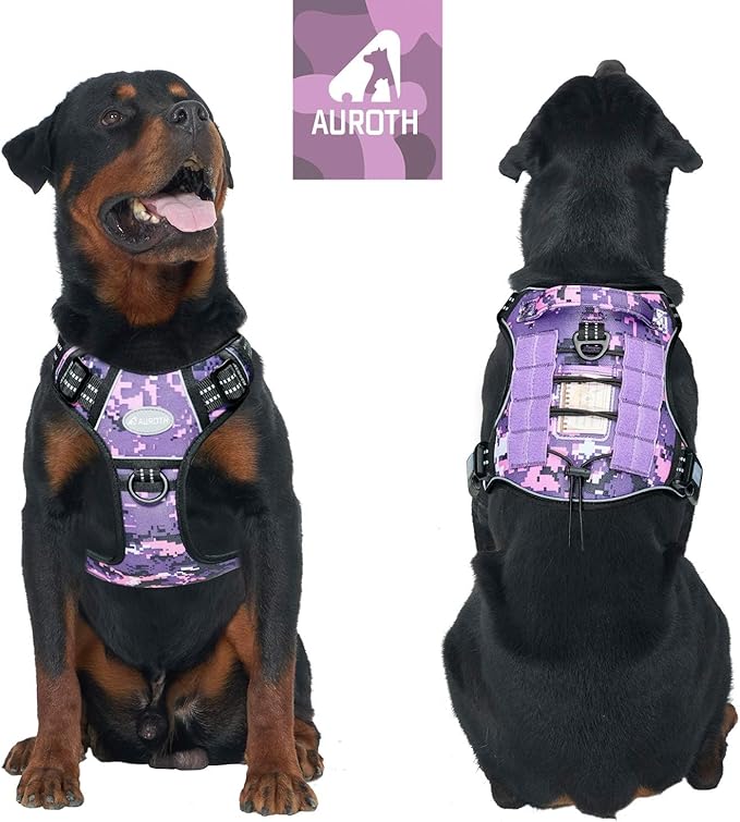 AUROTH Tactical Dog Harness for Small Medium Large Dogs No Pull Adjustable Pet Harness Reflective K9 Working Training Easy Control Pet Vest Military Service Dog Harnesses (XL, Purple Camo)