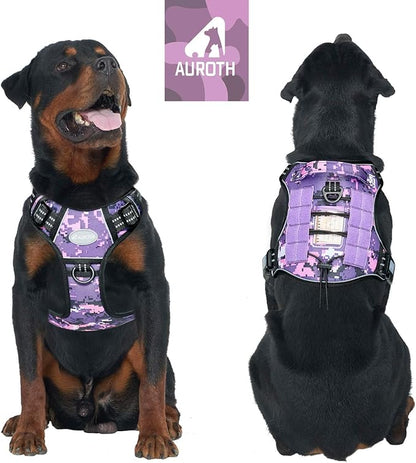 AUROTH Tactical Dog Harness for Small Medium Large Dogs No Pull Adjustable Pet Harness Reflective K9 Working Training Easy Control Pet Vest Military Service Dog Harnesses (XL, Purple Camo)